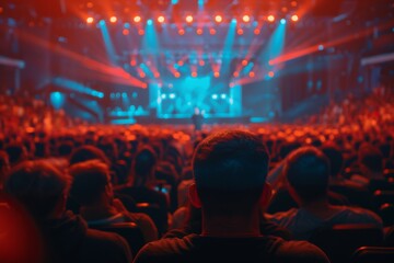 Back view of a person with an audience enjoying a live show with radiant stage lighting and engaging atmosphere.