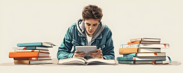 Aufkleber - student blending traditional and modern learning tools studying with digital tablet and textbooks in