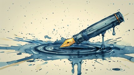 Canvas Print - A fountain pen is being dipped into a blue ink pool, AI