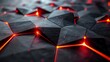 Black and red polygons with glowing red lines on a dark steel mesh background with free space for design. Modern technology innovation concept background.