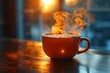 A serene morning coffee moment the steam and textured surface of the brew detailed in the vivid soft light of dawn