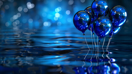 Blue balloons with a metallic sheen hovering over a shimmering blue water surface reflecting a serene yet festive atmosphere