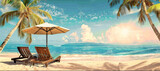 Fototapeta Perspektywa 3d - Chairs And Parasol With Palm Trees In The Tropical Beach