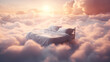 © Adin - Concept full relax for sleep. Serene bed wrapped in clouds basked in golden hour light, evoking peaceful rest with sunset.