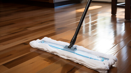 Cleaning Wooden Floor with Modern Mop in Sunlit Room