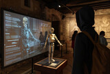 Fototapeta Młodzieżowe - Charming 3D robot as a tour guide, narrating historical facts with animated gestures and a captivating digital display