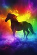 Dark Dragon Horse standing in a neon rainbow mist, its silhouette a stark contrast against the vibrant, glowing background