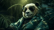 Picture a fashionable panda in a tailored trench coat, accessorized with a silk scarf and round sunglasses. Against a backdrop of bamboo groves, it exudes modern elegance and panda charm. Mood: sleek 