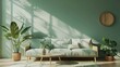 A living room with a green couch and a potted plant. The couch is covered in pillows and the room is well lit