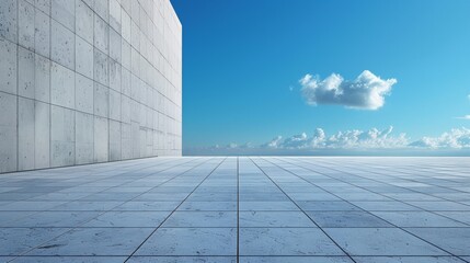 A large white floor with a blue sky in the background, AI