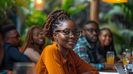 Wall Mural - A woman with glasses sitting at a table in front of other people, AI