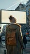 © starush - A woman with a backpack walking down the street, AI