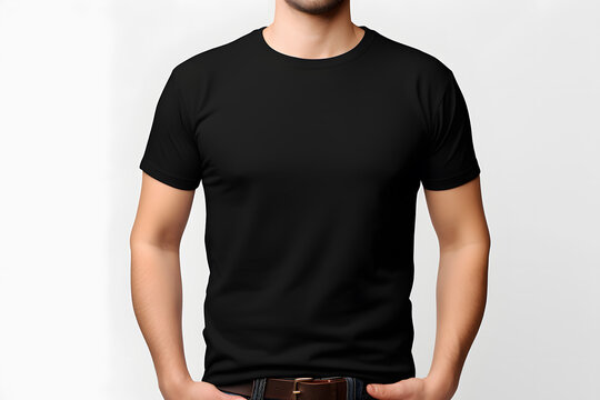 A muscular man in a black t-shirt mock up, viewed from the front isolated on white background