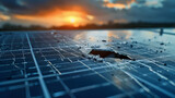 Fototapeta Konie - Damaged Solar Panels in Field Under Stormy Sky with Lightning. Concept of the impact of natural disasters on modern energy.