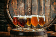 Craft Beer Tasting Flight with Various Ales in Front of Wooden Barrel