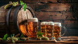 Fototapeta Konie - Banner background Craft Beer Assortment with Fresh Hops and Wooden Barrel in Rustic Brewery Setting.