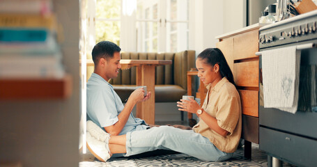 Poster - Talking, coffee and a happy couple at home with love, care and communication. Young woman and man laughing while drinking tea together to bond for happiness, quality time and conversation on a floor