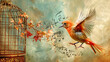A whimsical bird escaping its cage, with a trail of musical notes, singing the song of freedom.