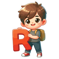 Little boy holding alphabet letter R vector kids english learning concept