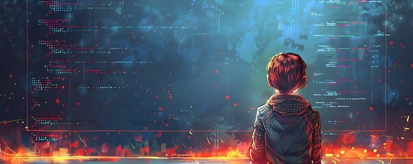 Poster - Computer Science Instructor Teaches Coding in Digital Landscape with Futuristic Cityscape and Code Visuals