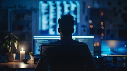 Poster - A man is sitting in front of a computer monitor with a candle on the desk. The room is dimly lit, and the man is focused on his work. The candle provides a warm and cozy atmosphere