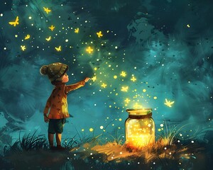 Wall Mural - Child s Enchanting Encounter with Glowing Fireflies in a Jar Discovering the Magic of Nature s Wonders in the Starlit Meadow