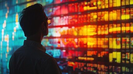 Fototapete - A man is looking at a computer screen with many different colored lines and numbers. Concept of focus and concentration as the man studies the data displayed on the screen
