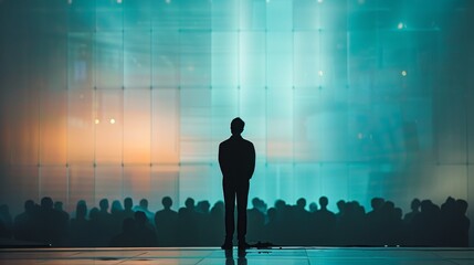 Wall Mural - A man stands in front of a crowd of people, looking up at the sky. Concept of loneliness and isolation, as the man is the only one in the scene