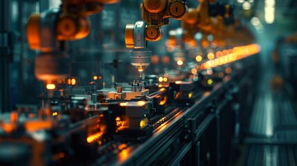 Poster - A factory with machines that are glowing in the dark. The machines are working on a production line