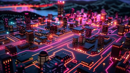 Poster - a cityscape with neon lights and a bridge in the background. the city is lit up in a neon glow, givi