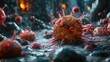 Artistic depiction of a melanoma cell targeted by shields, illustrating the cellular fight against skin cancer, emphasizing research and cure.