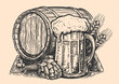 Mug and barrel of beer. Hand drawn sketch style. Pub, brewery vector illustration