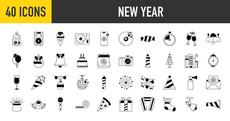 happy new year icon set. such as celebrate, celebration, dancing, music, christmas, congrats, calend