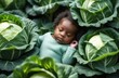 black toddler girl in cabbage. new born baby sleeping at garden on ground surrounded by vegetables