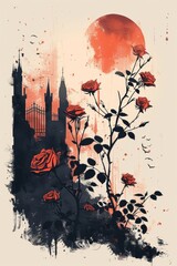 Wall Mural - A painting of a rose bush with a castle in the background. Black, red and orange romantic flat illustration