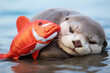 A sleepy otter wearing pajamas, cuddling a plush fish toy.