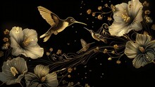 Black Background With Gold Line Sketch Of Flowers With Hummingbirds