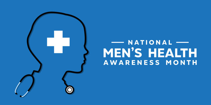 National Mens Health Awareness Month. Stethoscope in the shape of a men. Great for cards, banners, posters, social media and more. Blue background. 
