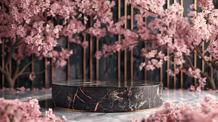 Wall Mural - A black and copper pedestal sits in front of a black marble wall with pink flowers.