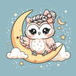 Illustration Vector Graphic of Cute and Adorable Owl Sitting On The Moon With Separated Layer. Suitable for Manufacturing T-Shirt, Sticker, Coloring Book, etc. 