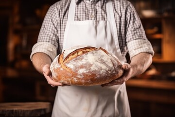 Wall Mural - Experienced baker holding dark warm bread bakery fresh homemade wheat cake professional man kitchen work rustic business cafe coffee shop store owner tasty baked goods flour grain secret ingredient