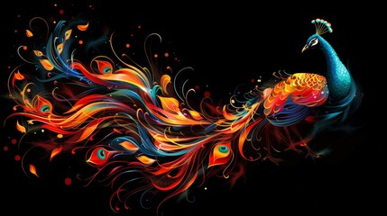 Aufkleber - a colorful peacock with swirly feathers on a black background. a magical creature made of fire.
