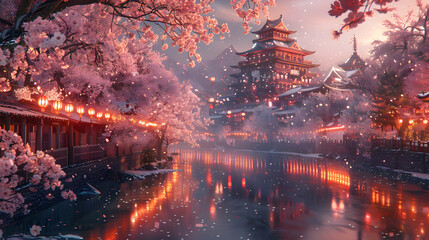 The image features a beautiful Japanese village surrounded by water, lit by lanterns. The sky is dark, and snow is falling, creating a serene atmosphere. The village is nestled among cherry blossom tr