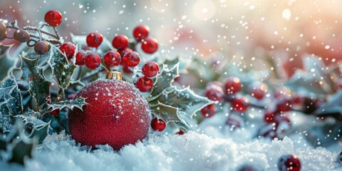 Wall Mural - A red ornament sitting on top of snow covered ground.