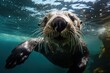 Curious Sea otter underwater. Nature baby wild. Generate Ai
