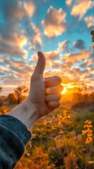 Canvas Print - A hand pointing at the sky with a sunset in background, AI