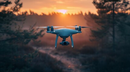 Sticker - A drone flying over a forest at sunset with trees in the background, AI