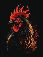 Aufkleber - a black and orange rooster head on a black background. a magical creature made of fire.