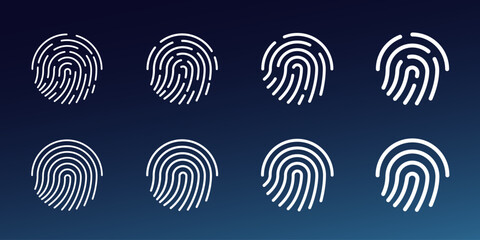 Poster - User finger scan icon set. Fingerprint touch biometric id symbol. Modern account thumbprint identification security sign collection. User recognition scanner badge. Glowing linear vector eps logo
