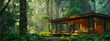 A contemporary cabin with full-length windows nestles in a lush, misty forest, embodying serene, eco-friendly living.